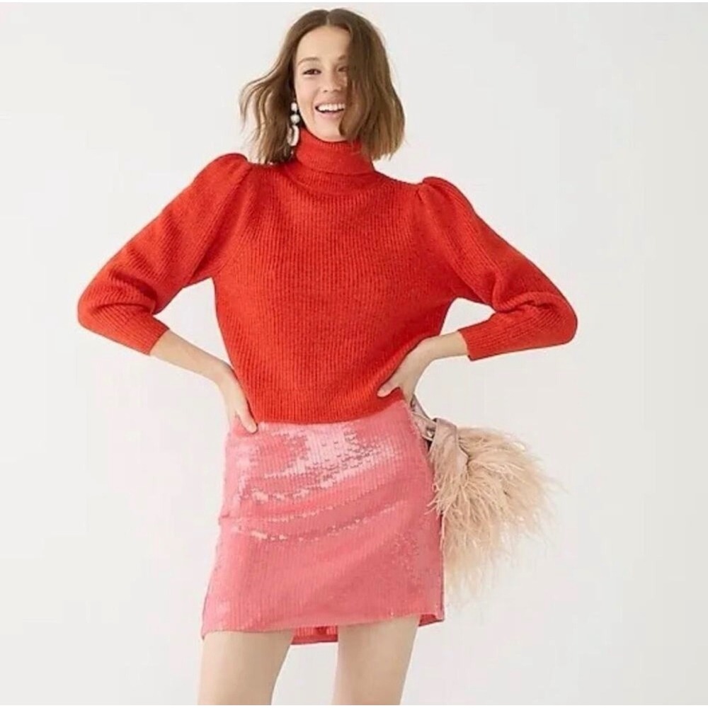 J. Crew Cropped Puff-Sleeve Turtleneck Sweater Persimmon Poppy Womens Small